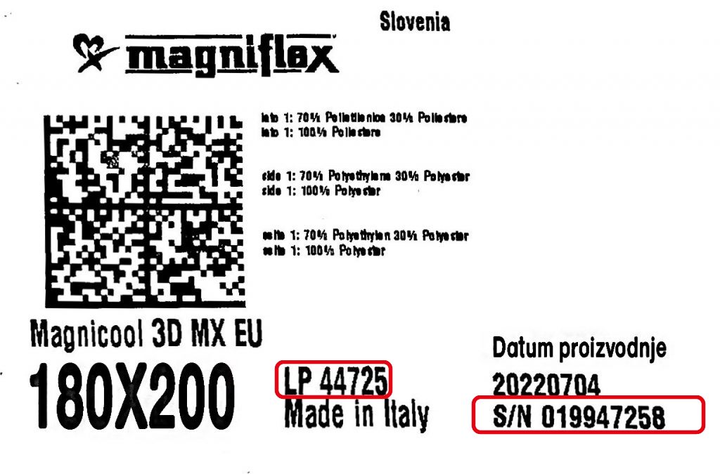 Photo of the mattress label with the LP and S/N code highlighted